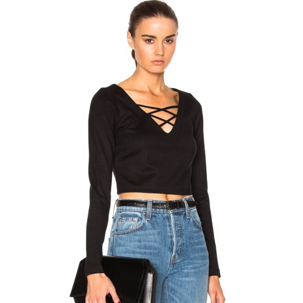 L’AGENCE Ava Long Sleeve Lace Up Crop Top in Black Size Small